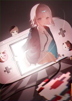 Rule 34 | 1boy, 1girl, blush, breasts, brown hair, brown skirt, chibi, collared shirt, danganronpa (series), danganronpa 2: goodbye despair, dodong-i, flipped hair, hair ornament, handheld game console, hashtag-only commentary, highres, hinata hajime, jacket, long sleeves, looking at viewer, medium hair, mini person, minigirl, monokuma, monomi (danganronpa), nanami chiaki, neck ribbon, no hair ornament, open clothes, open jacket, pink eyes, pink ribbon, pleated skirt, ribbon, shirt, skirt, two-tone shirt, unworn hair ornament, white shirt