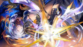 1girl black_boots black_jacket black_pantyhose blue_bra boots bra breasts chimera_(wuthering_waves) chinese_commentary closed_mouth commentary_request cropped_jacket galbrena_(wuthering_waves) gun highres holding holding_gun holding_weapon jacket looking_at_viewer medium_breasts pantyhose partial_commentary purple_eyes samo_(shichun_samo) solo stomach tacet_discord_(wuthering_waves) underwear weapon wuthering_waves