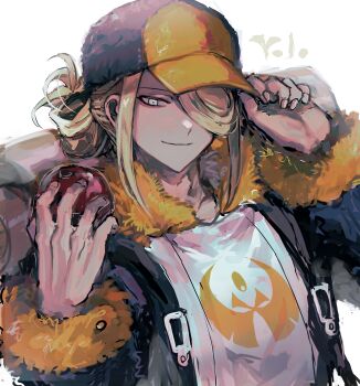 1boy absurdres blonde_hair blue_jumpsuit character_name closed_mouth fuji_den_fujiko fur-trimmed_collar fur-trimmed_jumpsuit fur_trim ginkgo_guild_uniform grey_eyes hair_bun hair_over_one_eye hat highres holding holding_poke_ball jumpsuit looking_at_viewer male_focus nintendo poke_ball pokemon pokemon_legends:_arceus simple_background smile solo upper_body volo_(pokemon) white_background yellow_hat