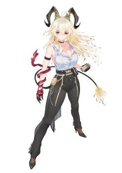 1girl absurdres arm_strap bare_shoulders black_choker black_horns black_pants black_shoes black_tail blonde_hair breasts button_gap can chinese_commentary choker closed_mouth commentary_request curled_horns demon_tail drink_can earrings fire flame-tipped_tail hair_between_eyes high_heels highres holding holding_can horns jewelry key_earrings large_breasts looking_at_viewer necktie necktie_around_wrists pants red_eyes red_necktie shirt shirt_tucked_in shoes simple_background solo standing tail torn_clothes torn_shirt v-shaped_eyebrows white_background white_shirt wuthering_waves xiaoyu_yao_(htx1993601) zani_(wuthering_waves)