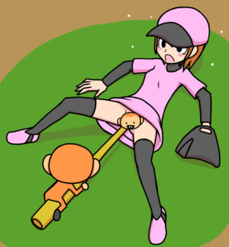 1girl baseball_bat baseball_cap baseball_glove baseball_stadium baseball_uniform black_eyes black_legwear blush breasts brown_hair censored clothes_lift dress dress_lift hands_on_ground hat lowres lying minuspal monkey no_panties on_floor open_mouth pitcher_(rhythm_tengoku) riding shoes small_breasts sportswear tears