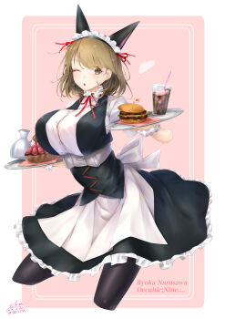 1girl absurdres alternate_costume animal_ears apron back_bow belt belt_around_waist belt_buckle black_pantyhose black_skirt bow breasts brown_hair buckle burger buttons cake cat_ears cola collar dress enmaided fake_animal_ears food frilled_collar frilled_dress frilled_hairband frilled_skirt frills fruit hairband highres holding holding_tray huge_breasts impossible_clothes in-franchise_crossover long_skirt maid maid_apron maid_headdress mayqueen_maid_uniform narusawa_ryouka occultic;nine one_eye_closed pantyhose puffy_short_sleeves puffy_sleeves red_ribbon ribbon ribbon-trimmed_collar ribbon-trimmed_corset ribbon-trimmed_hairband ribbon-trimmed_sleeves ribbon_trim science_adventure shiny_lips short_sleeves skirt solo spread_legs steins;gate strawberry swept_bangs tray white_apron white_belt white_bow white_dress wrist_cuffs yakku