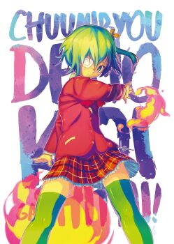 1girl blue_eyes bow chuunibyou_demo_koi_ga_shitai! closed_mouth copyright_name eyepatch fire green_hair green_thighhighs highres jacket one_side_up plaid_clothes plaid_skirt pyrokinesis red_bow red_jacket sedeto short_hair skirt solo takanashi_rikka thighhighs white_background zettai_ryouiki