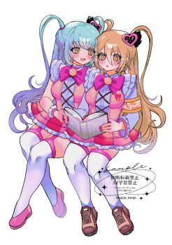 Rule 34 | 2girls, :d, :o, armband, blonde hair, blue hair, book, bow, bowtie, brown shoes, don quixote (project moon), e.g.o (project moon), full body, hair ornament, heart, heart hair ornament, highres, holding, holding book, in the name of love and hate (e.g.o), limbus company, long hair, long sleeves, looking at object, multiple girls, njaja kanja, open mouth, orange armband, pink bow, pink bowtie, pink garter straps, pink nails, pink shoes, pink skirt, pink vest, project moon, purple hair, queen of hatred, shoes, simple background, sitting, skirt, smile, thighhighs, two side up, vest, white thighhighs, yellow eyes