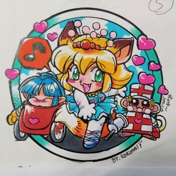 animal_ears artist_name ballerina ballet_slippers blonde_hair box chibi chibi_only closed_eyes comedic_sweatdrop commentary_request cosplay crime_crackers dress eighth_note elbow_gloves enkuu_(crime_crackers) fang first_aid_kit flying_sweatdrops fox_ears fox_girl fox_tail ganbare!!_robocon gloves green_eyes hat heart highres holding holding_box jewelry kokomahi leaza_(crime_crackers) monkey musical_note necklace nurse_cap open_mouth pointy_ears robin_(ganbare!!_robocon) robin_(ganbare!!_robocon)_(cosplay) robocon robocon_(cosplay) robopecha robopecha_(cosplay) short_hair smile speech_bubble spoken_musical_note standing standing_on_one_leg syringe tail thighhighs tiara traditional_media translated tutu wendy_wilkinson white_gloves white_thighhighs