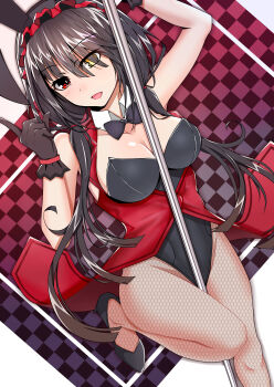 1girl absurdres animal_ears bare_shoulders black_gloves black_hair breasts cleavage commentary_request date_a_live fishnet_pantyhose fishnets gloves hair_between_eyes hair_ornament heterochromia highres large_breasts long_hair looking_at_viewer pantyhose playboy_bunny pole rabbit_ears rabbit_hair_ornament red_eyes revision smile solo timaousi0zhy tokisaki_kurumi tokisaki_kurumi_(spirit) twintails yellow_eyes
