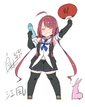 Rule 34 | 1girl, absurdres, ahoge, arm up, black gloves, black serafuku, black skirt, black thighhighs, blue neckerchief, blush, bottle, brown footwear, character name, closed eyes, dated, elbow gloves, gloves, hand fan, highres, holding, holding bottle, holding fan, inica, kantai collection, kawakaze (kancolle), long hair, neckerchief, one-hour drawing challenge, pink hair, pleated skirt, rabbit, sailor collar, school uniform, serafuku, signature, skirt, smile, thighhighs, white background, white sailor collar