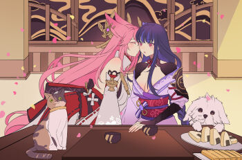 Rule 34 | 2girls, animal, animal ears, bare shoulders, bent over, blunt bangs, braid, breasts, cat, cherry blossoms, cleavage, closed eyes, closed mouth, couple, detached sleeves, dog, earrings, falling petals, food, from side, genshin impact, hair ornament, highres, indoors, japanese clothes, jewelry, large breasts, leaning forward, light blush, long hair, looking to the side, multiple girls, neck ribbon, off shoulder, open mouth, orange sekaii, petals, pink hair, puckered lips, purple eyes, purple hair, raiden shogun, ribbon, shade, single braid, sitting, table, wagashi, wide-eyed, yae miko, yuri