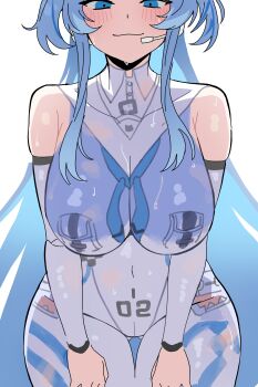 Rule 34 | 1girl, absurdres, april fools, bent over, blue eyes, blue hair, bodypaint, bodysuit, breasts, cleavage, closed mouth, collarbone, commentary, covered navel, earpiece, goddess of victory: nikke, highres, large breasts, mekami shifty (nikke), multicolored bodysuit, official alternate design, painted clothes, shifty (nikke), simple background, smile, sweat, untranslatable commentary, wge, white background, white bodysuit