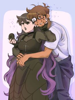 Rule 34 | 1boy, 1girl, @ @, absurdres, alternate body size, alternate universe, animal print, antenna hair, artist name, bare arms, black dress, black eyes, black eyeshadow, black gloves, black hair, black lips, black nails, black pants, black shirt, blue border, blue jacket, border, breasts, bright pupils, brown eyes, brown hair, clenched teeth, clothes around waist, commentary, commission, compact (cosmetics), cosmetics, cowboy shot, dark-skinned male, dark skin, dress, drop shadow, earrings, emori (shrimperini), eyeshadow, fingerless gloves, fingernails, fishnet top, fishnets, gloves, gradient border, gradient hair, hair behind ear, hand on another's chin, hands up, heart, hero (faraway) (omori), hero (omori), highres, holding, hug, hug from behind, jacket, jacket around waist, jewelry, lipstick mark, lipstick mark on cheek, lipstick mark on face, long hair, long sleeves, looking at object, makeup, mari (faraway) (omori), mari (omori), messy hair, multicolored hair, nail polish, no sclera, omori, outside border, own hands together, pants, parted lips, pencil dress, plump, puffy long sleeves, puffy sleeves, purple border, purple hair, see-through cleavage, see-through clothes, see-through shirt, shirt, short hair, short sleeves, shrimperini, simple background, sleeveless, sleeveless dress, small breasts, sparkle, spider print, spider web print, standing, stud earrings, symbol-only commentary, t-shirt, teeth, triple vertical stripe, two-tone hair, very long hair, very short hair, white background, white pupils, white shirt