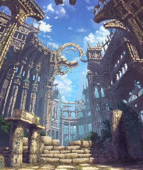absurdres arch architecture blue_sky day highres no_humans original pillar plan plant reishin_(tenpurasoba) ruins scenery sky