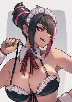 1girl ap_cammy bikini black_hair bra breasts cleavage detached_collar frills hair_over_one_eye han_juri large_breasts maid_bikini maid_headdress multicolored_hair one_eye_covered purple_eyes purple_hair simple_background solo street_fighter two-tone_hair unconventional_maid underwear