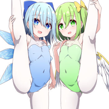 2girls alternate_costume blue_bow blue_eyes blue_hair bow breasts cirno commentary_request covered_navel daiyousei detached_wings fairy_wings green_eyes green_hair green_leotard groin hair_bow hand_on_own_leg hiro_(pqtks113) ice ice_wings leotard loli long_hair looking_at_viewer multiple_girls open_mouth paid_reward_available pantyhose red_leotard simple_background small_breasts smile split standing standing_on_one_leg standing_split touhou white_background white_pantyhose wings yellow_bow