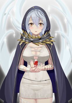 1girl bandaged_arm bandages bare_shoulders blood_bead breasts cleavage code_vein dress hair_between_eyes highres io_(code_vein) large_breasts lemon_kele looking_at_viewer short_hair solo torn_clothes torn_dress white_hair yellow_eyes