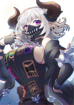 Rule 34 | 1girl, belt, black gloves, black jacket, black shirt, breasts, brown horns, draph, ear piercing, fingerless gloves, gloves, granblue fantasy, highres, horns, jacket, large breasts, looking at viewer, mask, mouth mask, nail polish, off shoulder, piercing, pointy ears, pouch, purple eyes, red nails, shirt, sideboob, sleeveless, sleeveless shirt, solo, tristette (granblue fantasy), turtleneck, white hair, yuiko (yuiyuiko 108)