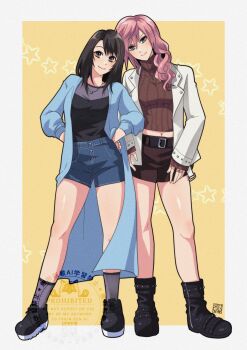 2girls belt belt_buckle black_belt black_boots black_hair black_shirt black_shoes black_shorts blue_coat blue_eyes blue_shorts boots border brown_eyes brown_hair brown_sweater buckle closed_mouth coat denim denim_shorts dissidia_duellum_final_fantasy dissidia_final_fantasy final_fantasy final_fantasy_viii final_fantasy_xiii full_body grey_socks hair_between_eyes hair_over_shoulder hands_on_own_hips highres jacket jewelry light_smile lightning_farron long_coat long_hair looking_at_viewer midriff multicolored_hair multiple_girls multiple_rings navel necklace official_alternate_costume pink_hair ring ring_necklace rinoa_heartilly shikiwo shirt shoes shorts signature smile socks standing straight_hair streaked_hair sweater turtleneck turtleneck_sweater wavy_hair white_border white_jacket yellow_background