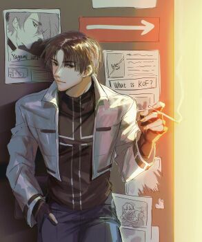 1boy asamiya_athena brown_hair highres jacket kusanagi_kyou male_focus smoking smoking_cigarette snk tagme the_king_of_fighters the_king_of_fighters_2002 white_jacket yagami_iori