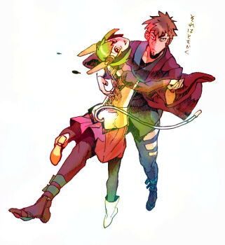 1boy 1girl android beard_stubble commentary_request dancing dimension_w facial_hair full_body green_hair holding_hands japanese_clothes looking_at_viewer looking_back mabuchi_kyoma pink_skirt robot_ears robot_girl sandals skirt stubble tail tanuki_no_su white_background yurizaki_mira