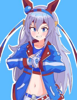absurdres animal_ears belt blue_hairband blue_jacket blue_sports_bra crop_top ear_covers ear_ornament fingerless_gloves gloves grey_tail hairband haniiders headband highres horse_ears horse_girl horse_tail jacket lightning_bolt_print lightning_bolt_symbol pants red_belt red_headband sports_bra striped_clothes striped_hairband tail tamamo_cross_(umamusume) tamamo_cross_(with_lightning_speed)_(umamusume) umamusume umamusume:_cinderella_gray white_pants
