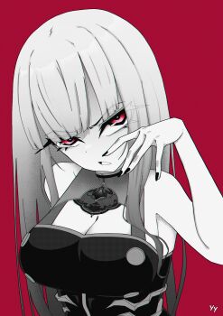 1girl absurdres bare_shoulders black_dress black_nails breasts commentary dress english_commentary highres hololive hololive_english long_hair lying mori_calliope nail_polish parted_lips pink_hair red_background red_eyes scowl see-through_clothes see-through_dress simple_background sleeveless sleeveless_dress solo virtual_youtuber yioyiot_art