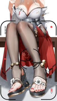1girl ankle_bell ankle_strap anklet bench black_pantyhose breasts cleavage commentary_request feet flower foot_focus from_below hakama hakama_skirt head_out_of_frame high_heels highres hiyuki_(wuthering_waves) japanese_clothes jewelry kimono large_breasts legs long_hair nail_polish necklace off_shoulder on_bench paid_reward_available pantyhose partial_commentary red_hakama red_nails sitting skirt smell solo stirrup_legwear toe_seam toeless_legwear toenail_polish toenails toes viewfinder wd_(1106592840) white_flower white_hair white_kimono wooden_bench wuthering_waves
