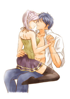 1boy 1girl abs alternate_costume backless_shirt bare_arms bare_shoulders black_thighhighs blue_hair breasts chrom_(fire_emblem) closed_eyes couple eyelashes eyes_of_grima female_robin_(fire_emblem) fingernails fire_emblem fire_emblem_awakening halterneck hand_on_another&#039;s_back hand_tattoo happy highres imminent_penetration intelligent_systems interlocked_fingers kissing_nose long_hair medium_breasts miniskirt moverabbit0305 muscular_arms no_bra no_gloves open_clothes open_shirt shirt shoulder_blades sidelocks sitting sitting_on_lap sitting_on_person skirt sleeveless sleeveless_shirt sleeves_rolled_up smile spaghetti_strap swept_bangs tattoo thighhighs toned toned_male twintails white_background white_hair yellow_eyes