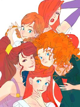 5girls anna_(frozen) ariel_(disney) bikini blue_eyes brave_(pixar) brown_eyes brown_hair curly_hair disney frozen_(disney) hercules_(1997_movie) highres jessica_rabbit jewelry long_hair looking_at_viewer megara_(disney) merida_(brave) multiple_girls orange_hair personification red_hair shell shell_bikini simple_background smile swimsuit the_little_mermaid_(disney) who_framed_roger_rabbit yama18imo