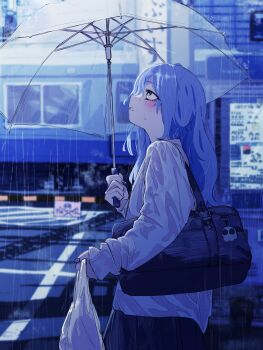 1girl absurdres bag black_bag black_skirt blue_hair commentary_request highres holding holding_umbrella long_hair outdoors parted_lips payang plastic_bag railroad_crossing rain shirt skirt solo train transparent transparent_umbrella umbrella virtual_youtuber vspo! white_shirt yano_kuromu yellow_eyes