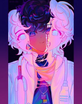 2boys black_background black_hair border gradient_border highres houjou_emu jewelry kamen_rider kamen_rider_ex-aid_(series) looking_at_viewer male_focus max_(2n4_6h8) melting multiple_boys necklace parad pink_border purple_border purple_eyes short_hair smile square_pupils stethoscope stethoscope_around_neck tokusatsu