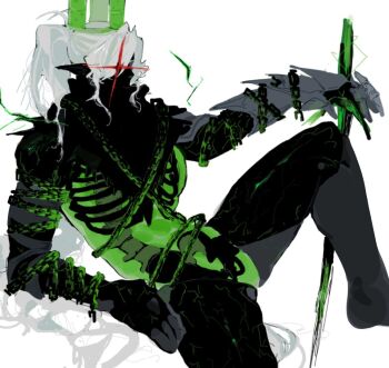 1other 1x1x1x1_(roblox) claw_ring colored_skin crown forsaken_(roblox) gauntlets green_crown green_skin high_ponytail knee_up kuroda_(gen3uwmujrozfy6) ponytail ribs roblox see-through_body sidelocks sitting solo sword weapon white_hair