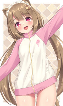 1girl :d animal_ear_fluff animal_ears arm_up blush brown_hair cat_ears cat_girl cat_tail commentary_request cookie_hair_ornament fang food-themed_hair_ornament hair_ornament highres jacket long_hair long_sleeves low_twintails maid_headdress open_mouth original panties pantyshot pink_sleeves sasaame skin_fang smile solo tail track_jacket twintails twitter_username underwear very_long_hair white_jacket white_panties