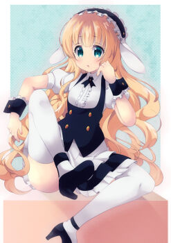 1girl animal_ears aosora_neko blonde_hair blue_eyes blush fleur_de_lapin_uniform gochuumon_wa_usagi_desu_ka? high_heels highres kirima_syaro long_hair rabbit_ears sitting thighhighs wrist_cuffs