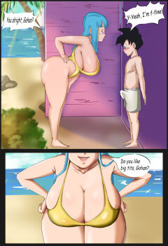 1boy 1girl age_difference ass bare_legs barefoot beach black_eyes black_hair blue_hair blunt_bangs blush breasts bulge cheating_(relationship) cleavage close-up curvy dragon_ball dragonball_z english_text erection erection_under_clothes female_pervert hands_on_own_hips hetero highleg highleg_one-piece_swimsuit highres huge_ass huge_breasts kame_house leaning_forward lips long_hair looking_at_another looking_at_breasts maron_(dragon_ball) medium_hair one-piece_swimsuit open_mouth outdoors panarandom pervert seductive_smile sexually_suggestive shiny_skin shota sideboob size_difference skindentation smile son_gohan speech_bubble sweater swimsuit teasing wide_hips yellow_sweater