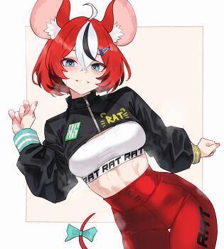 1girl absurdres alternate_costume animal_ears aqua_bow black_hair black_jacket blue_eyes bluefield border bow breasts commentary hair_ornament hairclip hakos_baelz high-waist_pants highres hololive hololive_english jacket long_sleeves looking_at_viewer medium_breasts midriff mouse_ears mouse_girl mouse_tail multicolored_hair pants red_hair short_hair smile solo tail tail_bow tail_ornament thigh_strap virtual_youtuber white_border white_hair