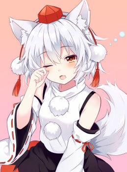 1girl animal_ear_fluff animal_ears black_skirt blush commentary detached_sleeves grey_hair hat inubashiri_momiji looking_at_viewer medium_hair open_mouth pom_pom_(clothes) red_eyes red_hat red_skirt ribbon-trimmed_sleeves ribbon_trim rubbing_eyes skirt sleepy solo squeans tail tanaka_shoushou_fumimaro tokin_hat touhou two-tone_skirt wolf_ears wolf_girl wolf_tail