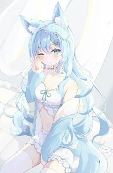 1girl animal_ears bare_shoulders bloomers blue_eyes blue_hair blue_jacket bra breasts cleavage commentary_request commission eye_mask fox_ears fox_girl hand_up highres indie_virtual_youtuber jacket long_hair long_sleeves looking_at_viewer mask navel off_shoulder one_eye_closed sakuragi_kohaku second-party_source shinohana_yukino sitting small_breasts solo spaghetti_strap underwear virtual_youtuber white_bloomers white_bra