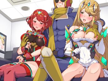 1boy 2girls blonde_hair blush boris_(noborhys) breasts captain_falcon cleavage cleavage_cutout clothing_cutout commentary_request dual_persona earrings elbow_gloves f-zero fingerless_gloves gloves grabbing_another&#039;s_breast groping headdress highres jewelry large_breasts leotard long_hair matching_hair/eyes multiple_girls mythra_(xenoblade) nintendo nipple_slip nipples open_mouth panties princess_peach pyra_(xenoblade) red_eyes red_hair short_hair shorts super_smash_bros. sweat thighhighs underwear xenoblade_chronicles_(series) xenoblade_chronicles_2 yellow_eyes zettai_ryouiki