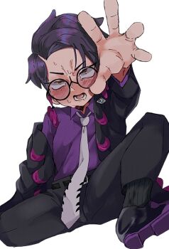 1boy arm_up belt belt_buckle black-framed_eyewear black_belt black_coat black_pants black_socks blush buckle coat collared_shirt commentary_request corbeau_(pokemon) glasses highres lapels layered_sleeves long_sleeves male_focus necktie nintendo open_clothes open_coat pants parted_hair pink_eyes pokemon pokemon_legends:_z-a purple_hair purple_shirt round_eyewear sanpaku shirt shirt_tucked_in shoes short_hair simple_background sitting socks solo sweat very_sweaty wasadi white_background white_necktie