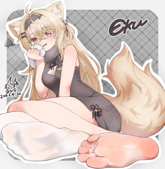 1girl absurdres animal_ears barefoot blonde_hair blush breasts cleavage cleavage_cutout clothing_cutout eku_(vrchat) feet highres hisuifootfetish long_hair looking_at_viewer open_mouth red_eyes single_sock socks soles tail toes vrchat white_socks