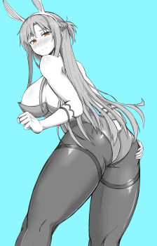 1girl absurdres animal_ears areola_slip asuna_(bunny)_(blue_archive)_(cosplay) asuna_(sao) bareback blue_archive blue_background blush braid breasts cosplay elbow_gloves fake_animal_ears female_focus from_below gloves grabbing_own_ass greyscale highres large_breasts long_hair looking_at_viewer monochrome name_connection nipple_slip nipples pantyhose playboy_bunny rabbit_ears rabbit_tail sideboob solo sword_art_online tail titania_(sao) tomatsu_haruka upper_body winterbigfoot