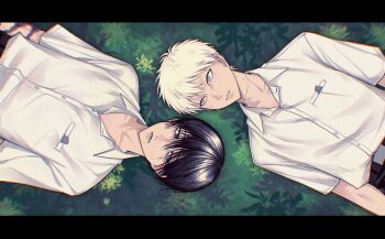 Rule 34 | 2boys, belt, black belt, black border, black hair, border, breast pocket, collared shirt, hashtag-only commentary, highres, hikaru ga shinda natsu, indou hikaru, letterboxed, looking at another, lying, male focus, mole, mole on cheek, mole on neck, mole under eye, mole under mouth, multiple boys, multiple moles, on back, on floor, open collar, parted lips, pocket, scar, scar on neck, school uniform, shirt, shirt tucked in, teeth, tsujinaka yoshiki, upper body, white hair, white shirt, x x3999