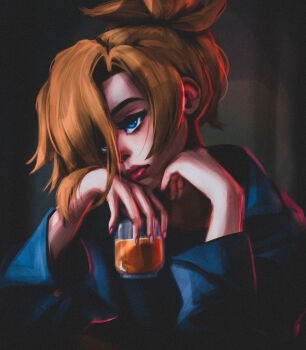 Rule 34 | 1girl, blonde hair, blue eyes, blue shirt, closed mouth, cup, drink, drinking glass, elbow rest, grey background, hair between eyes, hashtag-only commentary, highres, holding, holding cup, lips, long sleeves, looking up, mercy (overwatch), overwatch, parted bangs, pensive, shirt, short hair, solo, titanartx, upper body