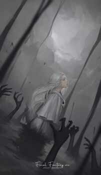 1girl absurdres artist_name braid capelet closed_eyes cloud commentary copyright_name drawstring dutch_angle english_commentary final_fantasy final_fantasy_xiv from_side ghost_hands grey_sky grey_theme half_up_braid highres liquid long_hair mask mask_around_neck parted_lips profile single_braid sky solo sophist's_robe_(ff14) unworn_mask upper_body venat_(ff14) wading white_capelet white_hair yuki_lu