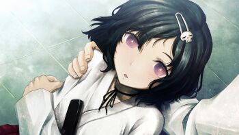 2boys black_hair blush bob_cut chihaya_(clothing) choker coat collarbone exhausted eyelashes fingernails from_above game_cg hair_ornament hairclip hakama hakama_skirt highres huke japanese_clothes kosode lab_coat leaning_on_person long_sleeves looking_at_viewer lying lying_on_lap lying_on_person miko multiple_boys non-web_source official_art okabe_rintarou on_back on_lap open_mouth pink_eyes red_hakama ribbon_choker ribbon_trim ringed_eyes science_adventure skirt skull_hair_ornament square_pupils steins;gate steins;gate:_my_darling's_embrace tongue trap urushibara_luka white_coat wide_sleeves