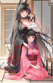 2girls akagi_(warship_girls_r) animal_ears arm_tattoo bandaged_chest black_choker black_hair black_kimono blunt_bangs breast_rest breasts breasts_on_head brown_eyes chest_sarashi choker cleavage closed_mouth collarbone commentary_request door falling_petals floral_print floral_print_kimono grey_eyes hair_lift hair_ornament hand_on_another's_shoulder hand_up highres indoors japanese_clothes kimono kneeling large_breasts light_particles long_hair long_sleeves looking_at_viewer medium_breasts multiple_girls nail_polish obi own_hands_together petals pink_kimono pink_petals print_kimono print_sleeves qing_wu red_nails red_trim sarashi sash seiza sidelocks single_bare_shoulder sitting smile tabi tatami tattoo vase very_long_hair warship_girls_r wide_sleeves