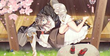 1boy 1girl :/ aqua_eyes asymmetrical_dress asymmetrical_footwear bare_legs barefoot black_boots black_dress black_robe blue_butterfly blue_eyes blush boneless_carp_(the_tale_of_food) boots branch brown_hair bug butterfly butterfly_hair_ornament cherry_blossom_print chinese_clothes chinese_commentary closed_mouth commentary_request couple covered_mouth curtained_hair daisy_(flower) dhfz181 dress falling_petals female_master_(the_tale_of_food) figure_four_sitting floral_print flower full_body grass grey_pants hair_ornament hand_on_another's_thigh hetero highres hood hood_down hooded_robe insect lap_pillow leaning_on_person long_hair long_sleeves lying medium_hair mismatched_footwear on_floor on_side panties pants pants_tucked_in panty_pull parted_bangs petals pink_petals pinstripe_dress pinstripe_pattern poking porch robe rock sandals scale_print shrug_(clothing) sitting skindentation the_tale_of_food thighs three-quarter_sleeves two-tone_dress two_side_up underwear unworn_sandals white_boots white_dress white_flower white_hair white_panties wind_chime wooden_floor yokozuwari