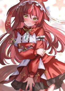 1girl absurdres ame_sagari animal_ears blunt_bangs blunt_ends blunt_sidelocks blush breasts brown_headdress closed_mouth commentary_request dress frilled_hairband frills garter_straps hair_between_eyes hairband highres horse_ears horse_girl horse_tail layered_hair long_hair long_sleeves looking_at_viewer red_desire_(umamusume) red_dress red_hair red_hairband red_headdress red_veil sidelocks small_breasts smile solo star_(symbol) star_ornament tail umamusume veil yellow_eyes