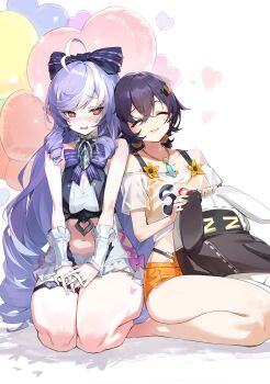 2girls @_@ absurdres ahoge balloon bare_shoulders belle_(summer_skies)_(zenless_zone_zero) belle_(zenless_zone_zero) blush closed_eyes drill_hair drill_sidelocks facing_viewer goomrrat hair_ornament heart heart-shaped_pupils heart_balloon heart_o-ring highres letter_hair_ornament multicolored_hair multiple_girls o-ring o-ring_thigh_strap official_alternate_costume official_alternate_hairstyle one-piece_swimsuit orange_shorts parted_lips purple_hair red_eyes seiza short_hair shorts sidelocks simple_background sitting streaked_hair swimsuit symbol-shaped_pupils thigh_strap twin_drills vivian_banshee vivian_banshee_(iris_of_the_shore) white_background white_hair zenless_zone_zero
