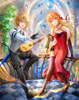 2girls :d absurdres arm_strap bare_shoulders black_choker black_gloves black_pants black_thighhighs blonde_hair blue_necktie breasts choker cleavage collarbone collared_shirt column commentary_request criss-cross_halter crystal dress elbow_gloves floating_hair formal_clothes full_body gloves grey_vest guitar hair_over_one_eye hair_ribbon halterneck hand_up heaven_burns_red high_heels highres holding holding_guitar holding_instrument indoors instrument kayamori_ruka large_breasts long_bangs long_hair looking_at_object multiple_girls necktie official_alternate_costume one_eye_covered open_mouth oyama_sou pants pillar pink_eyes railing red_dress red_eyes red_ribbon red_shoes ribbon shirakawa_yuina shirt shoes short_hair side_slit sleeveless sleeveless_dress smile standing standing_on_one_leg thighhighs tsurime twitter_username very_long_hair vest white_shirt