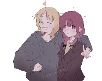 2girls ahoge arm_around_shoulder black_bow bocchi_the_rock! bow braid closed_eyes closed_mouth detached_ahoge grey_hoodie hair_bow hiroi_kikuri hood hood_down hoodie ijichi_seika long_sleeves multiple_girls pink_eyes purple_hair raven_(099stardive) short_hair smile twin_braids twitter_username white_background